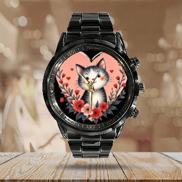 Discover Cat Floral Heart Happy Valentine's Day Calendar Steel Band Watch