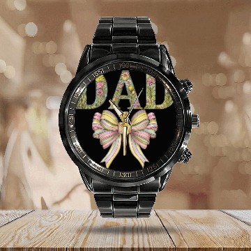 Discover Floral "DAD" Design with Pastel Ribbon Bow Calendar Steel Band Watch