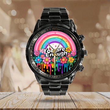 Discover "You Are Enough" Rainbow and Flowers Inspirational Calendar Steel Band Watch