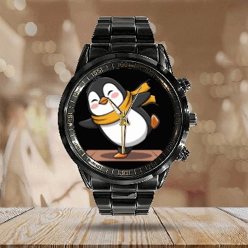 Discover Cute Penguin Doing Yoga with Yellow Scarf Calendar Steel Band Watch