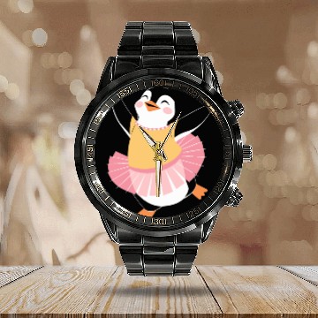 Discover Adorable Dancing Penguin in Ballerina Outfit Calendar Steel Band Watch