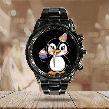 Discover Birthday Joyful Penguin With Cupcake Calendar Steel Band Watch