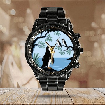 Discover Birdwatching Penguins Nature Scene Calendar Steel Band Watch