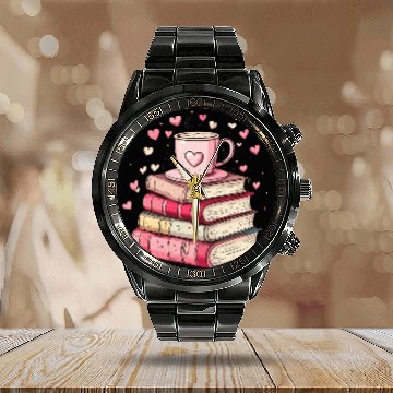 Discover pink red stack of books Calendar Steel Band Watch