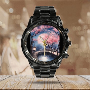 Discover Watercolor cherry blossom festival full moon Calendar Steel Band Watch