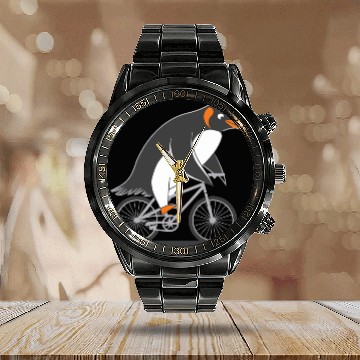 Discover Penguin Riding Bicycle Fun Adventure Illustration Calendar Steel Band Watch