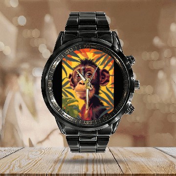 Discover Chimpanzee close-up among branches. Calendar Steel Band Watch