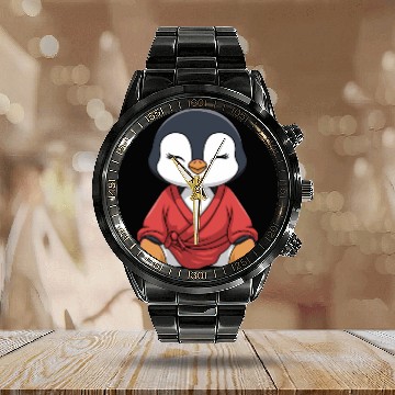 Discover Zen Penguin Meditation in Kimono Attire Calendar Steel Band Watch