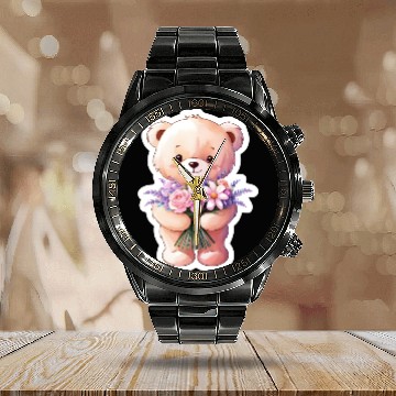 Discover Teddy bear with bouquet of flowers Calendar Steel Band Watch