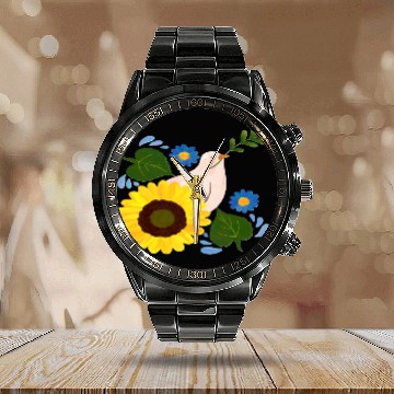 Discover Peaceful Bloom - Dove and Sunflower Harmony Calendar Steel Band Watch