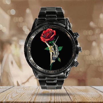 Discover Skeleton Hand Holding a Rose: Beauty in the Dark Calendar Steel Band Watch