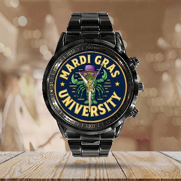 Discover Mardi Gras University Crawfish Men's Mardi Gras Calendar Steel Band Watch