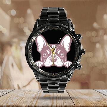 Discover French Bulldog Frenchie Sweet Face Pink Calendar Steel Band Watch