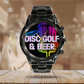 Discover Disc Golf and Beer Drinking Outdoor Game Drinker Calendar Steel Band Watch