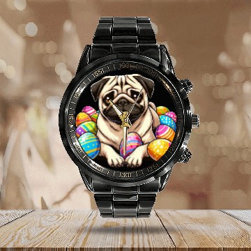 Discover Cute Pug Easter Egg Cartoon Relax Chill Calendar Steel Band Watch