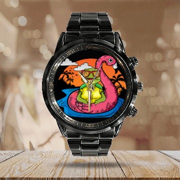 Discover Funny Sea Turtle Swimming Flamingo Pool Sea Turtle Calendar Steel Band Watch