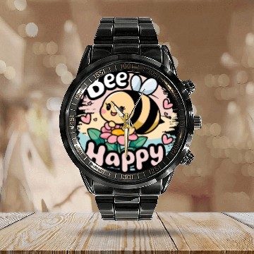 Discover Bee Happy - Cute Kawaii Bee with Flower & Hearts Calendar Steel Band Watch