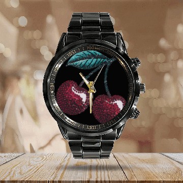 Discover Sweet Cherry Delight with Vibrant Leafy Accent Calendar Steel Band Watch