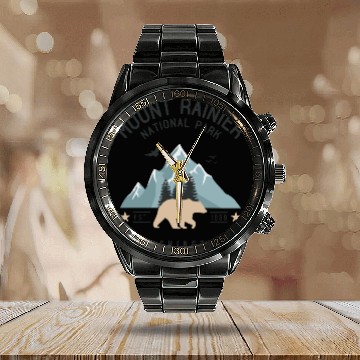 Discover Mount Rainier National Park Est. 1889 Washington Calendar Steel Band Watch