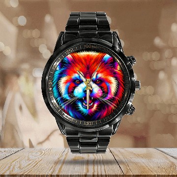 Discover Colorful Red Panda Face – Bold Neon Pop Art Calendar Steel Band Watch