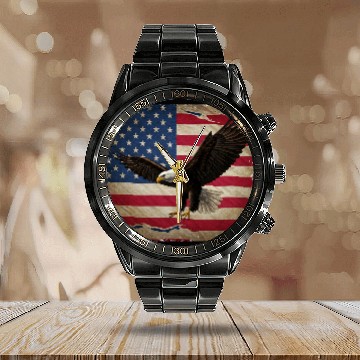 Discover Stylized Eagle with USA Flag Background Calendar Steel Band Watch