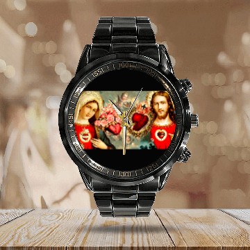 Discover Sacred Heart and Immaculate Heart Jesus and Mary Calendar Steel Band Watch