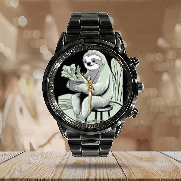 Discover Cute Sloth Hugging Plants Vegan Vegetarian Calendar Steel Band Watch