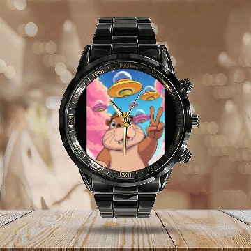 Discover Capybara funny Anime Selfie with UFOs Weird Calendar Steel Band Watch