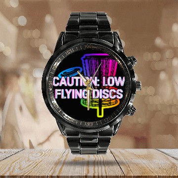 Discover Caution Low Flying Discs Outdoor Game Disc Golf Calendar Steel Band Watch