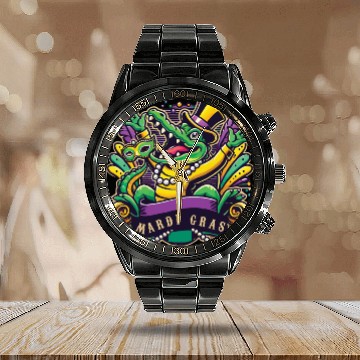 Discover Mardi Gras Alligator Mask Celebration Vibes Calendar Steel Band Watch