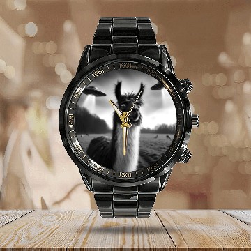 Discover Llama alpaca Funny Graphic Selfie with UFOs Weird Calendar Steel Band Watch