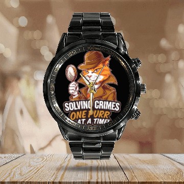 Discover Orange Cat Detective Investigator True Crime Fan Calendar Steel Band Watch