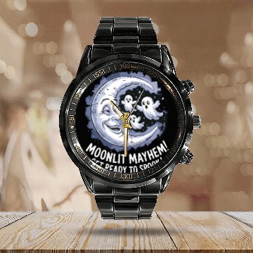 Discover Moonlit Mayhem Ghostly Spook Under the Mondlight Calendar Steel Band Watch