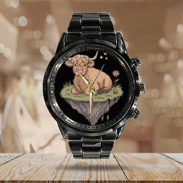 Discover Whimsical Escapism: Highland Cow Dreamworld Calendar Steel Band Watch