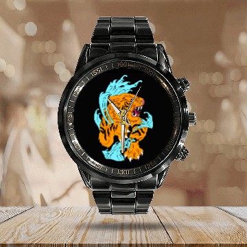 Discover Fierce Tiger and Waves Graphic Calendar Steel Band Watch Design