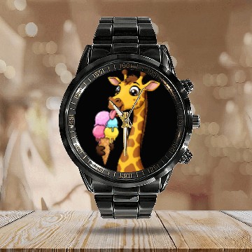 Discover A giraffe licking a giant ice cream cone. Calendar Steel Band Watch