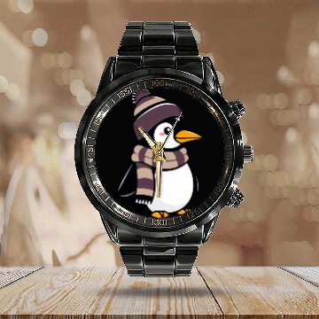 Discover Cute cartoon penguin wearing winter hat and scarf Calendar Steel Band Watch