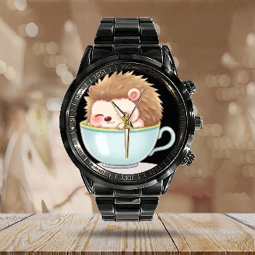 Discover Cute hedgehog relaxing in a light blue cup Calendar Steel Band Watch