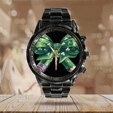 Discover Lucky Clover Coquette Bow Pencil St Patrick's Day Calendar Steel Band Watch