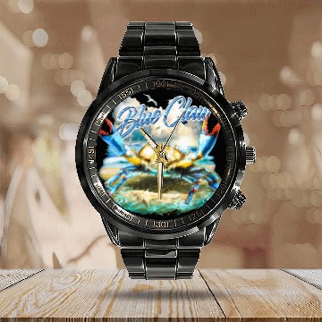 Discover Bass Fishing Blue Claw Crab Calendar Steel Band Watch