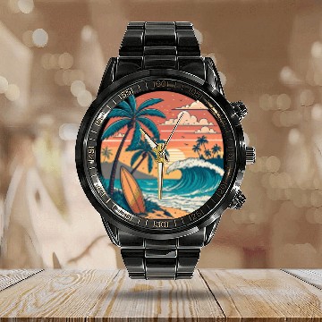 Discover Tropical Paradise Sunset Surfing and Palm Trees Calendar Steel Band Watch