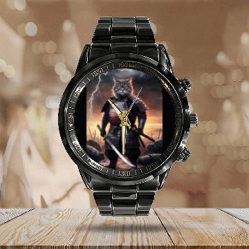 Discover Japanese Cat Samurai Cat Calendar Steel Band Watch