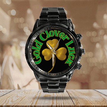 Discover St. Patrick's Day - Gold Clover Luck Calendar Steel Band Watch