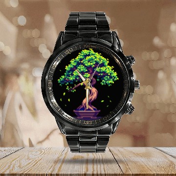 Discover Pixel Bonsai Tree – Retro Nature Serenity Calendar Steel Band Watch