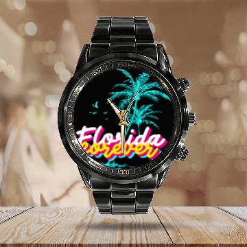 Discover Florida Forever – Neon Palm Paradise Calendar Steel Band Watch