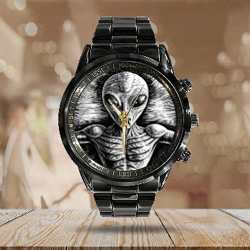 Discover Grey Alien Engraving Calendar Steel Band Watch