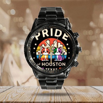 Discover Pride of Houston City Texas USA Rainbow Flag Calendar Steel Band Watch