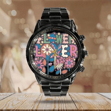 Discover Flower Lover Colorful Floral Design text Art Calendar Steel Band Watch