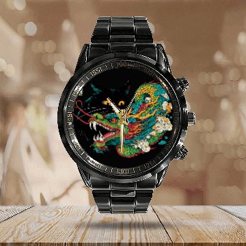 Discover Ukiyo-e Black Cat Chinese Dragon Calendar Steel Band Watch
