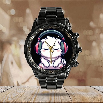 Discover Chill Puppy with Headphones Illustration Calendar Steel Band Watch